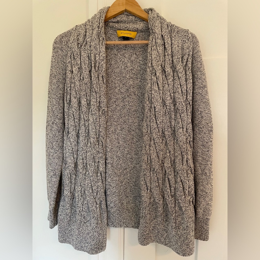 St. John Braided Cable Knit Wool Blend Metallic Heathered Grey Open Cardigan | S